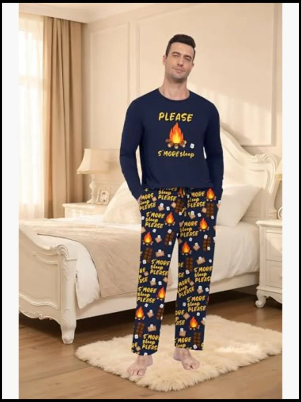 Men's Long Sleeve Pajama Set, Soft Polyester Sleepwear, Loose Fit